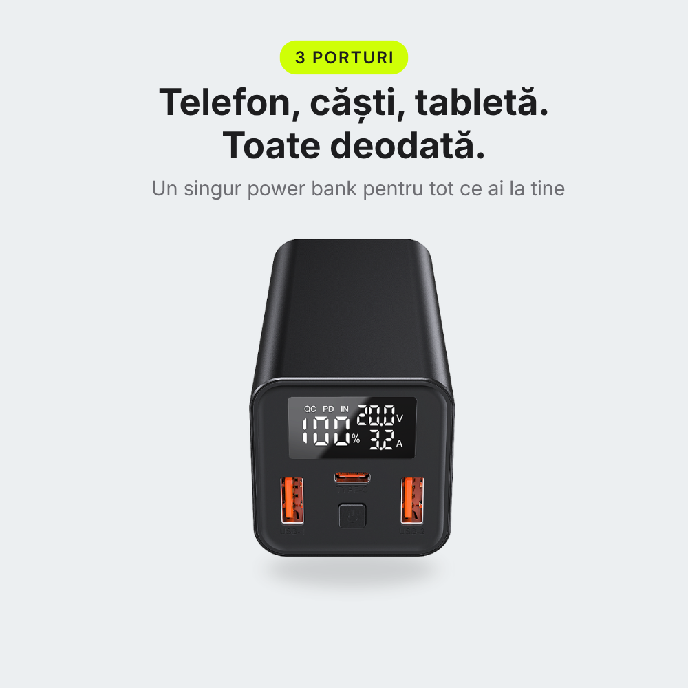 Pulse 65 — Baterie externă 20.000mAh · USB-C 65W · 3 porturi · Aluminiu