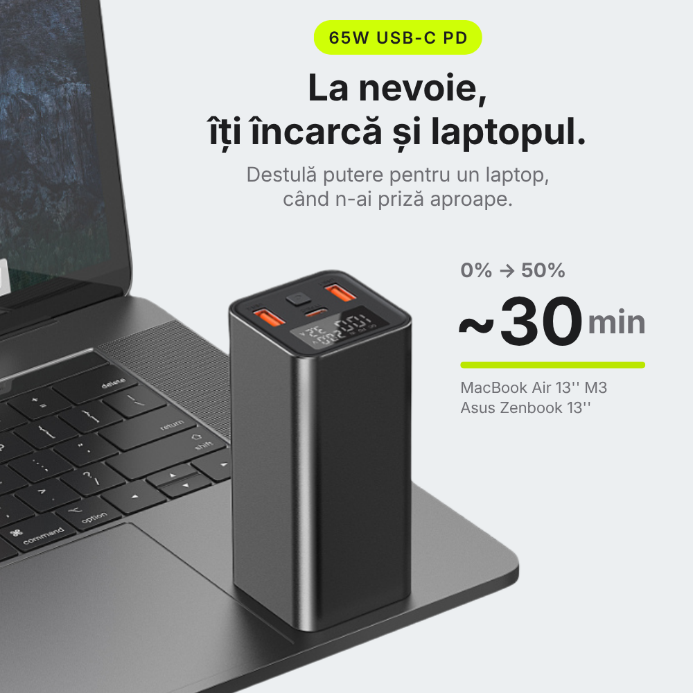 Pulse 65 — Baterie externă 20.000mAh · USB-C 65W · 3 porturi · Aluminiu