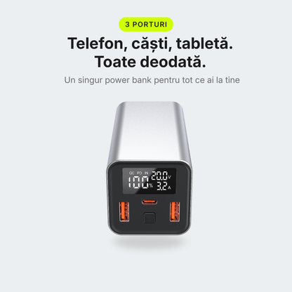 Pulse 65 — Baterie externă 20.000mAh · USB-C 65W · 3 porturi · Aluminiu