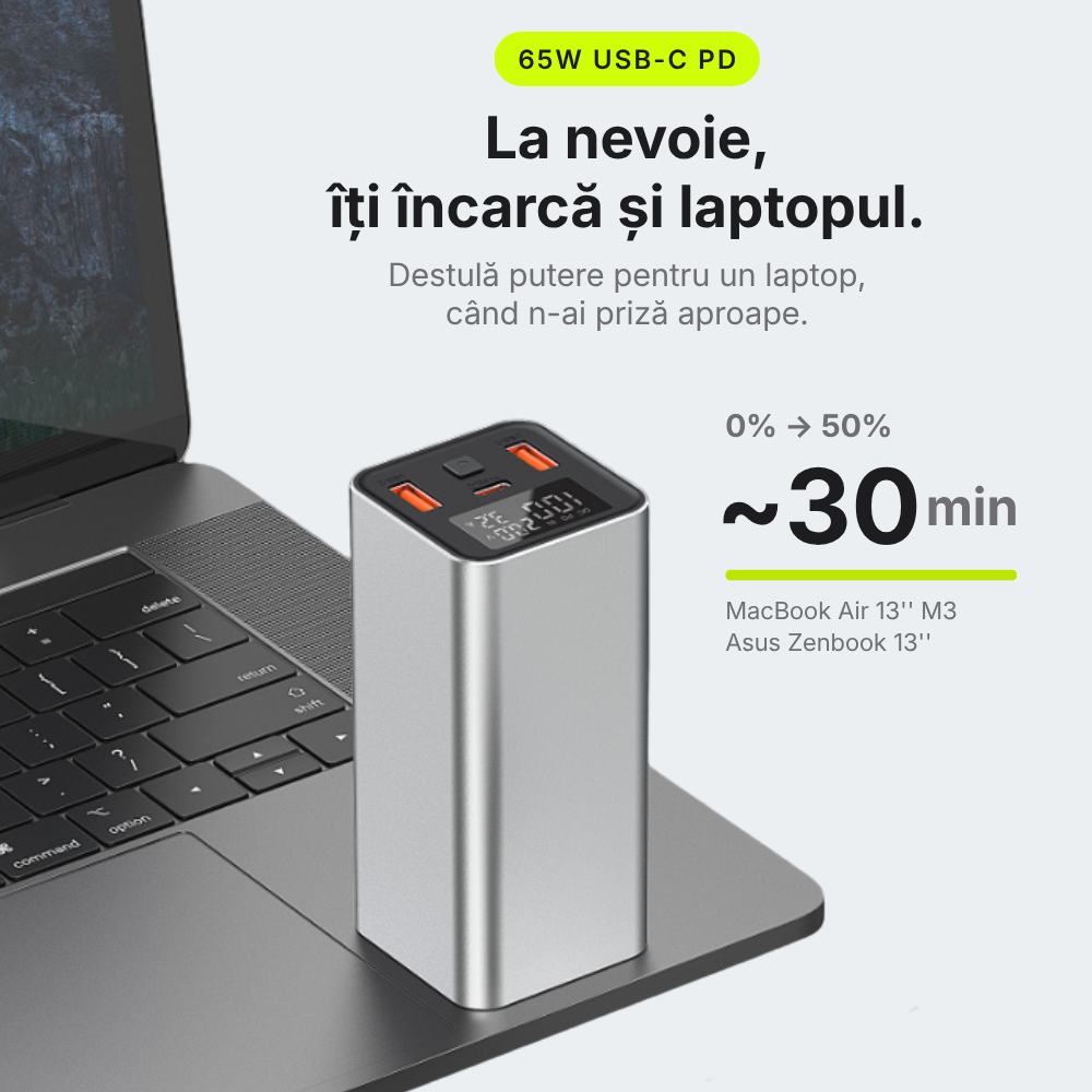 Pulse 65 — Baterie externă 20.000mAh · USB-C 65W · 3 porturi · Aluminiu