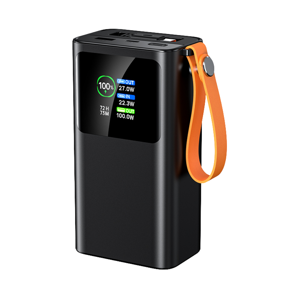 Nomad — Baterie externă 27.000mAh · 165W · Cablu retractabil 70cm USB-C · 3 porturi · Aluminiu