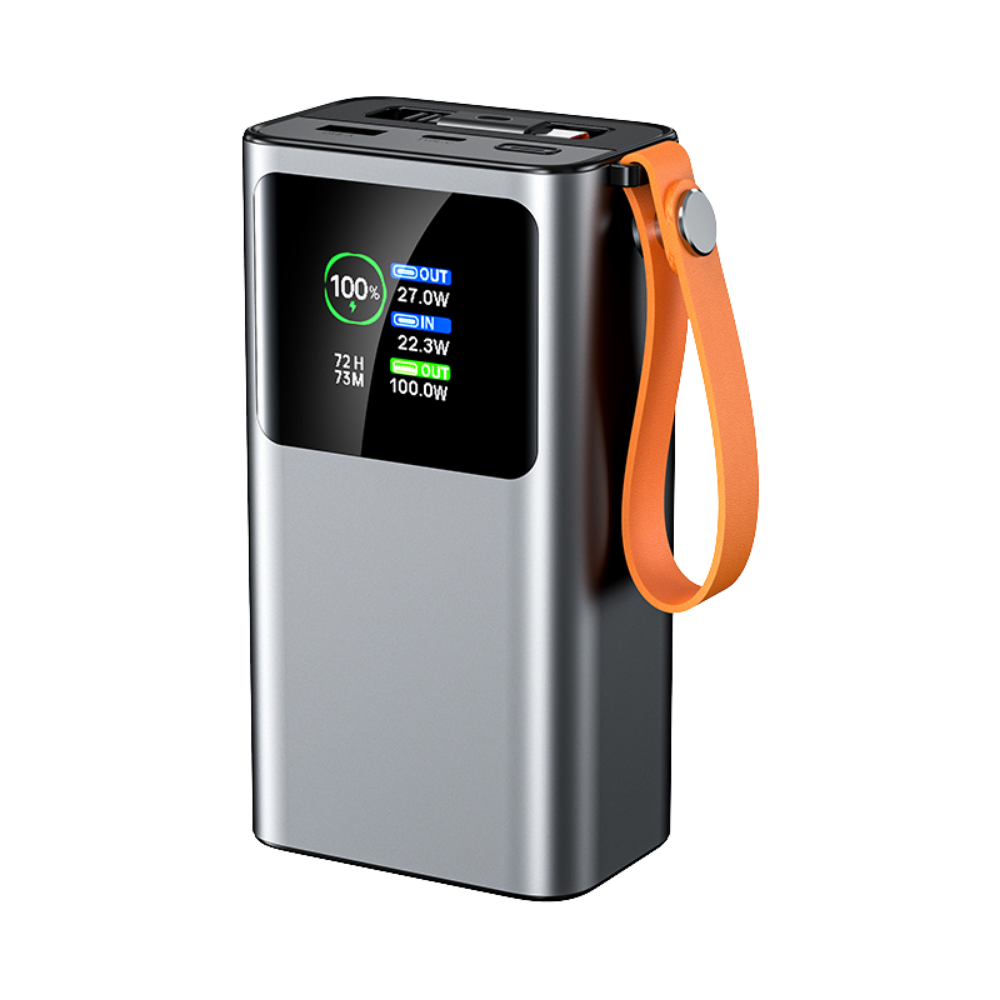 Nomad — Baterie externă 27.000mAh · 165W · Cablu retractabil 70cm USB-C · 3 porturi · Aluminiu