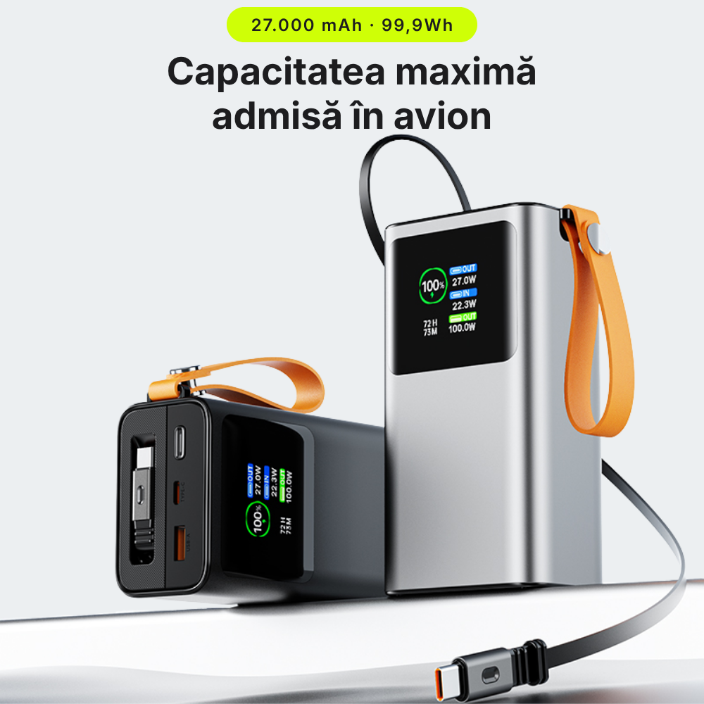 Nomad — Baterie externă 27.000mAh · 165W · Cablu retractabil 70cm USB-C · 3 porturi · Aluminiu