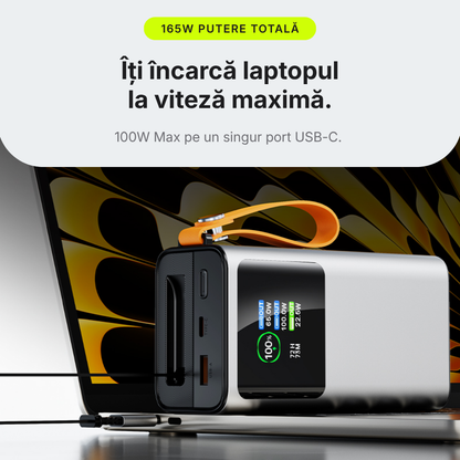 Nomad — Baterie externă 27.000mAh · 165W · Cablu retractabil 70cm USB-C · 3 porturi · Aluminiu