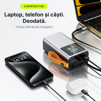 Nomad — Baterie externă 27.000mAh · 165W · Cablu retractabil 70cm USB-C · 3 porturi · Aluminiu