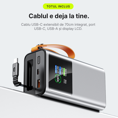 Nomad — Baterie externă 27.000mAh · 165W · Cablu retractabil 70cm USB-C · 3 porturi · Aluminiu