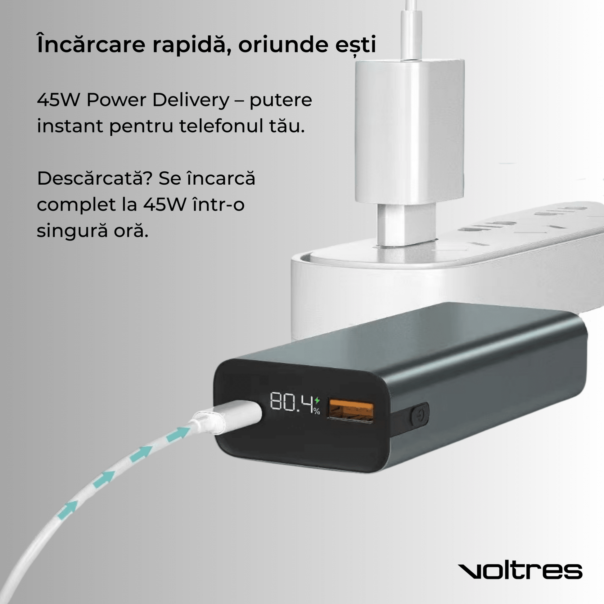 Baterie externă 10000mAh 45W, Negru - Voltres