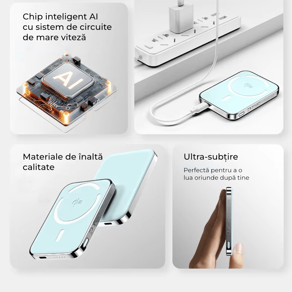 Baterie externa 10000mAh Qi2 15W Wireless, 20W Cablu, Aluminiu - Voltres