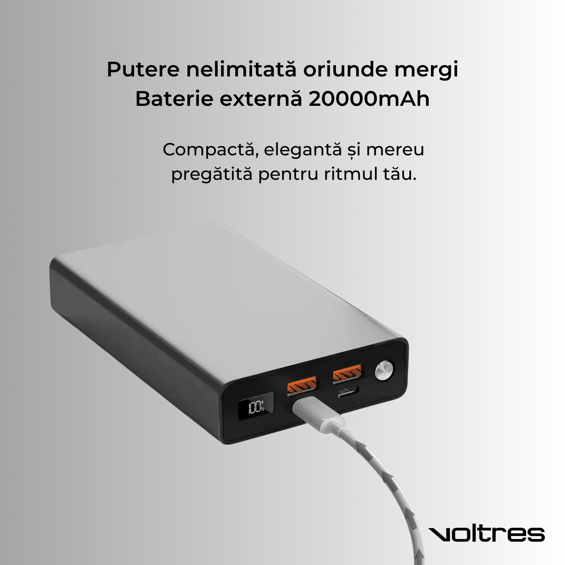 Baterie externă 20000mAh 100W, 2x USB - C & 2x USB - A, Negru - Voltres