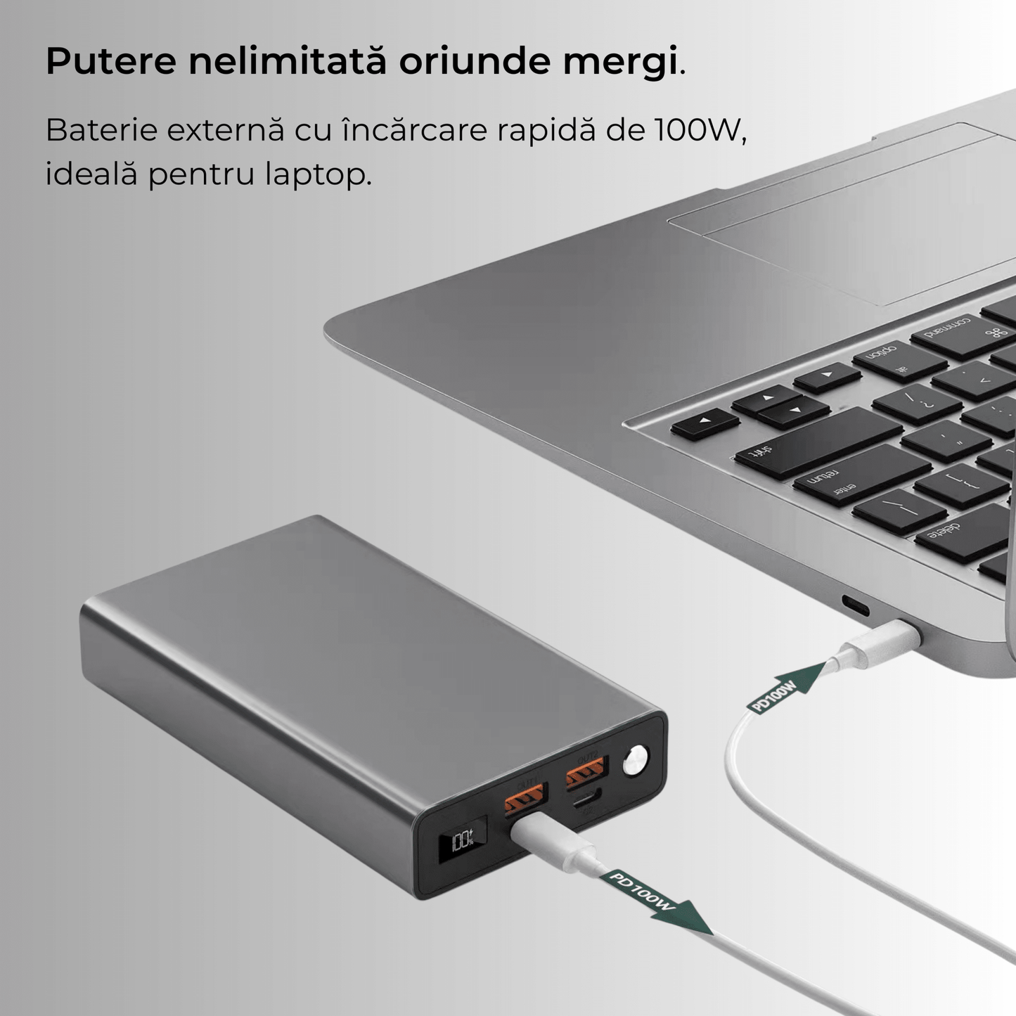 Baterie externă 20000mAh 100W, 2x USB - C & 2x USB - A, Negru - Voltres