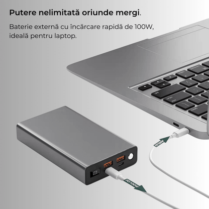 Baterie externă 20000mAh 100W, 2x USB - C & 2x USB - A, Negru - Voltres
