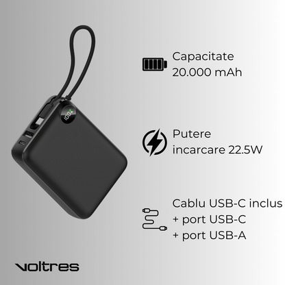 Baterie Externă 20000mAh 22.5W, Cablu USB - C Inclus & USB - C, Negru - Voltres