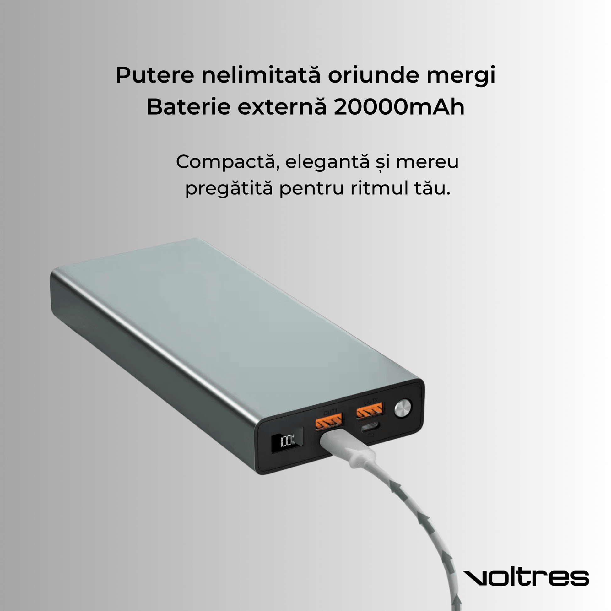 Baterie externă 30000mAh 100W, 2x USB - C & 2x USB - A, Negru - Voltres