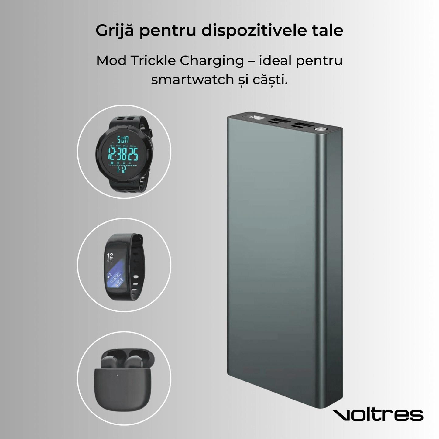 Baterie externă 30000mAh 100W, 2x USB - C & 2x USB - A, Negru - Voltres