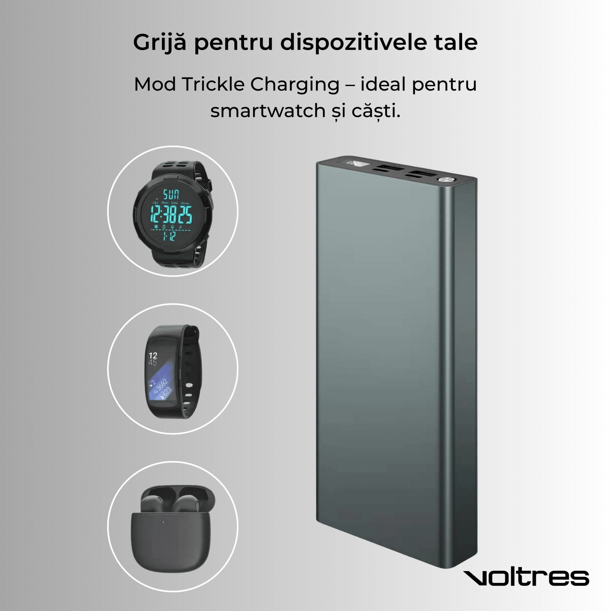 Baterie externă 30000mAh 100W, 2x USB - C & 2x USB - A, Negru - Voltres
