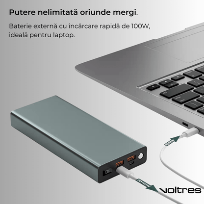 Baterie externă 30000mAh 100W, 2x USB - C & 2x USB - A, Negru - Voltres
