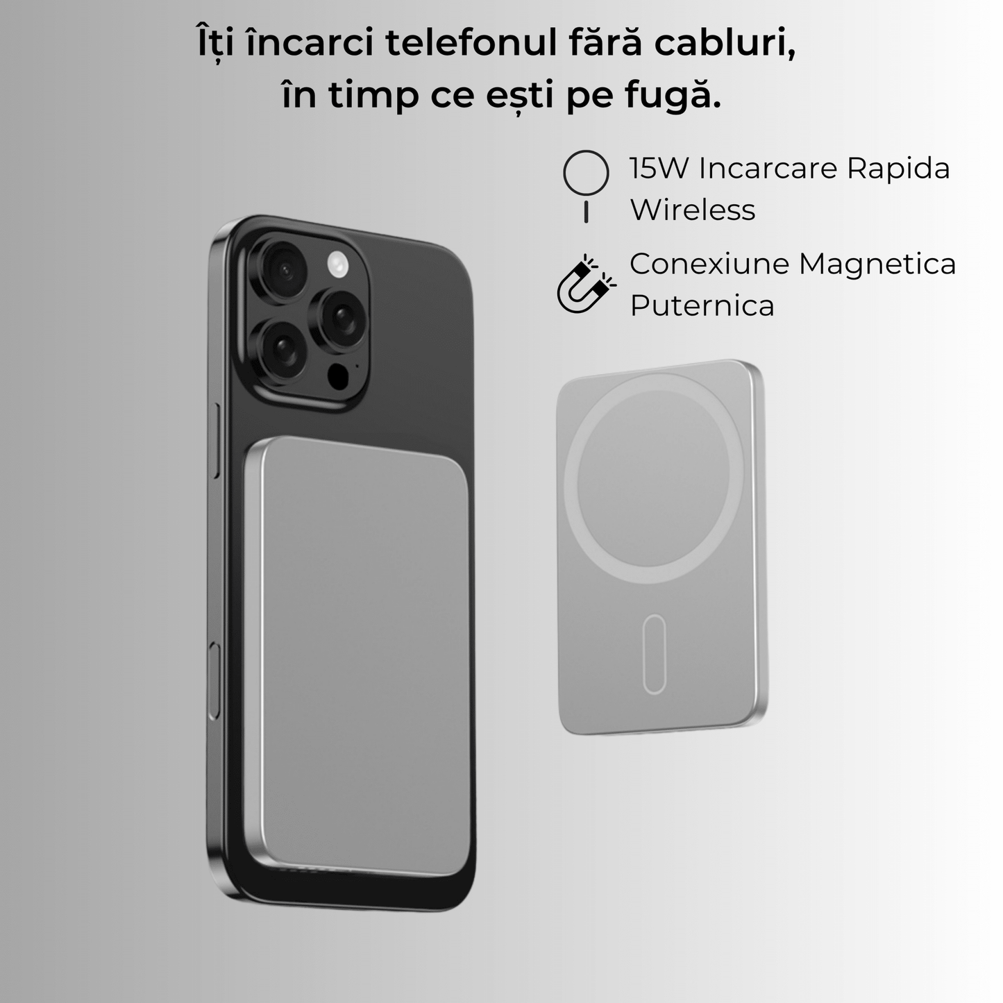 Baterie externă 5000mAh 15W, Aluminiu, Light Gray - Voltres