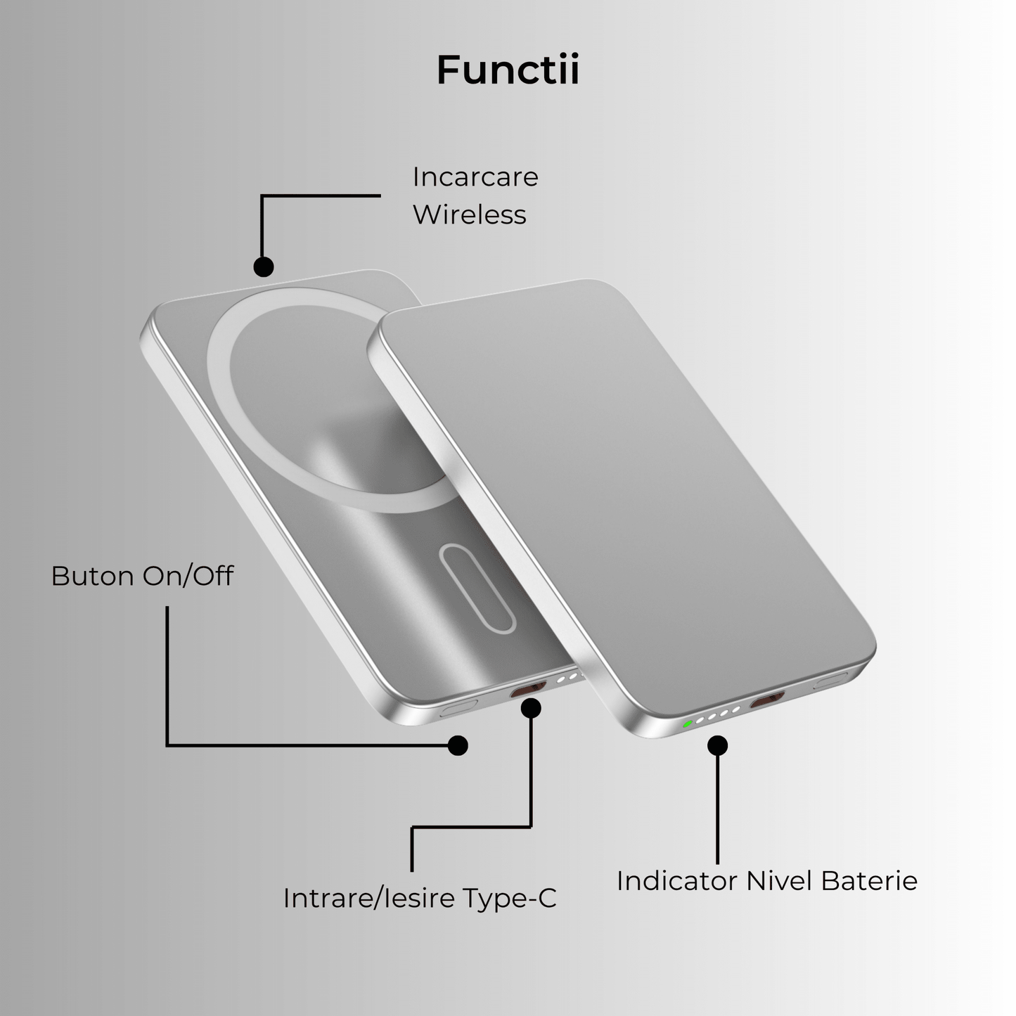 Baterie externă 5000mAh 15W, Aluminiu, Light Gray - Voltres