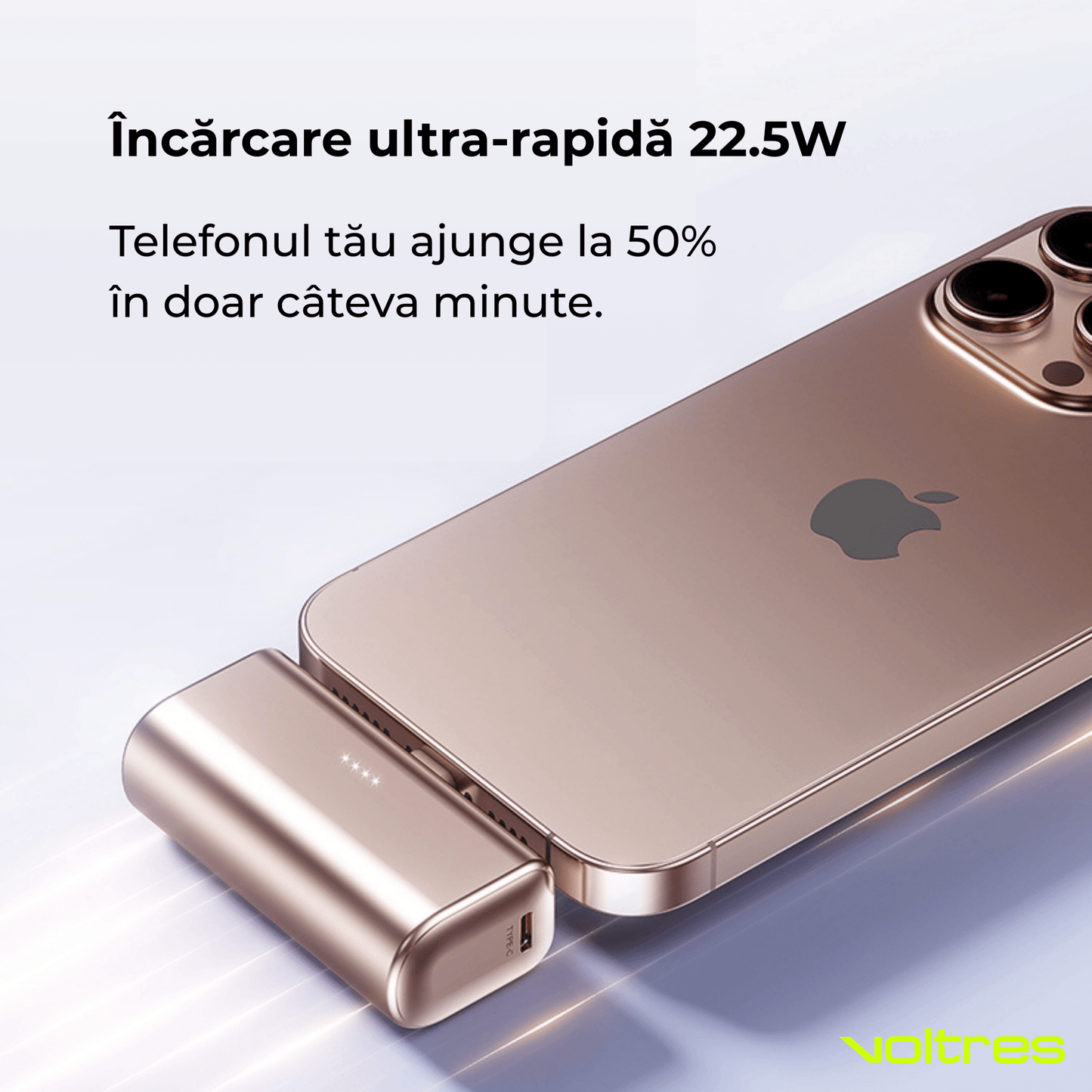 Baterie Externă 5000mAh 22.5W, USB - C Integrat, Aluminiu, Gri - Voltres