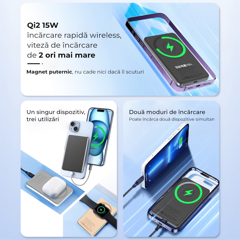 Baterie externa 5000mAh Qi2 15W Wireless & 20W Cablu, Plastic - Voltres