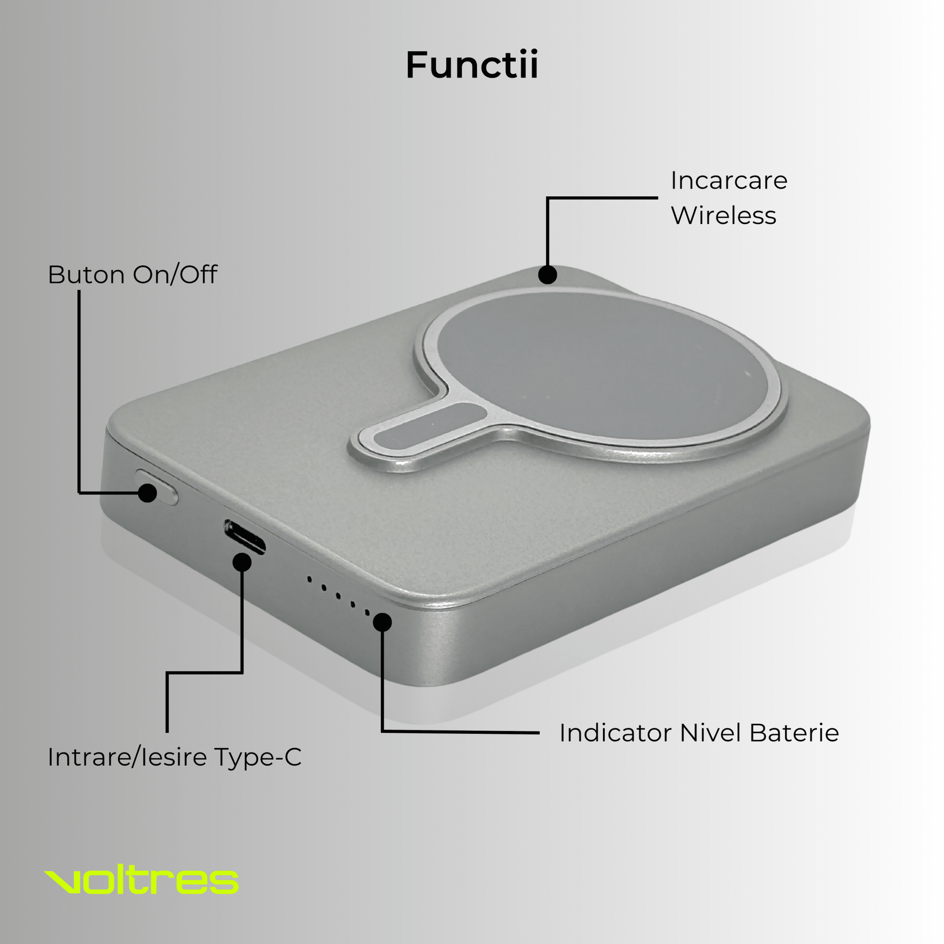 Baterie externă 5000mAh Super Slim, 15W, Aluminiu, Light Gray - Voltres