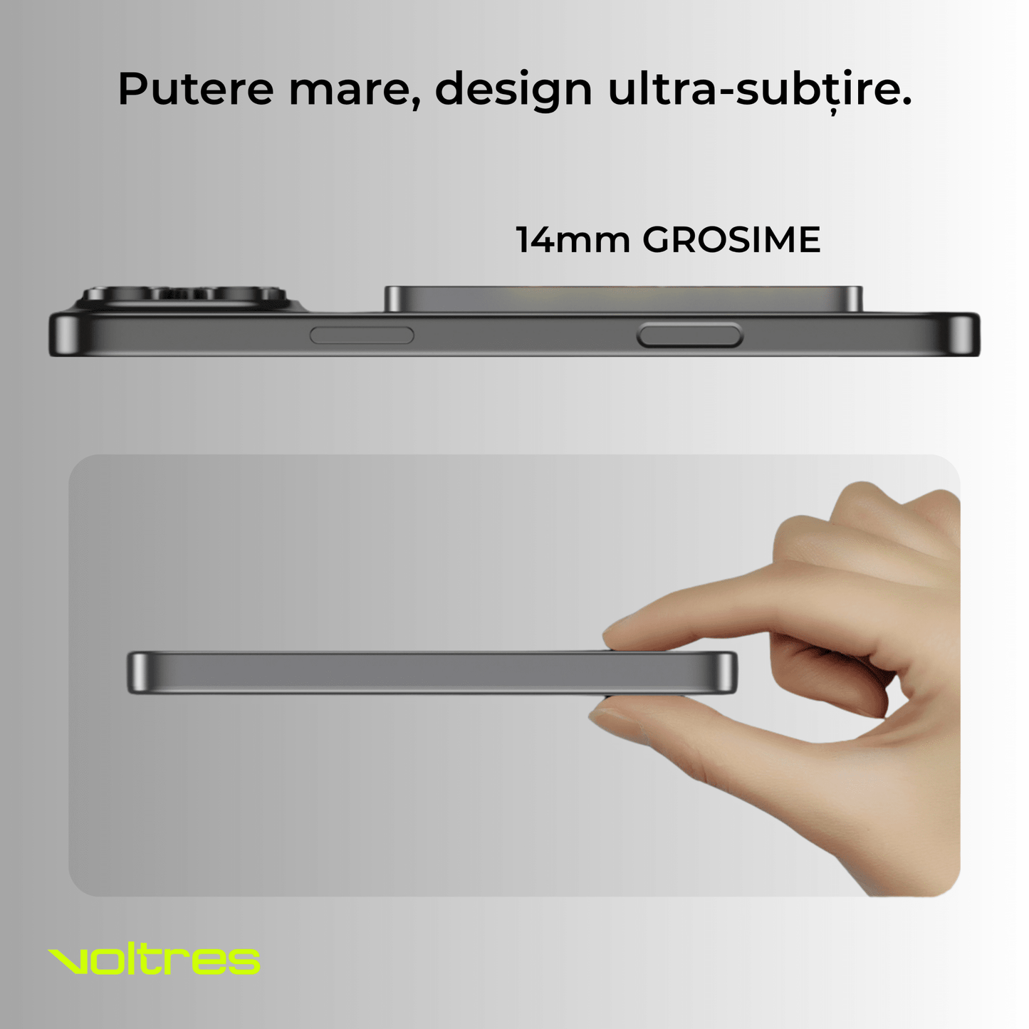 Baterie externă 5000mAh Super Slim, 15W, Aluminiu, Light Gray - Voltres