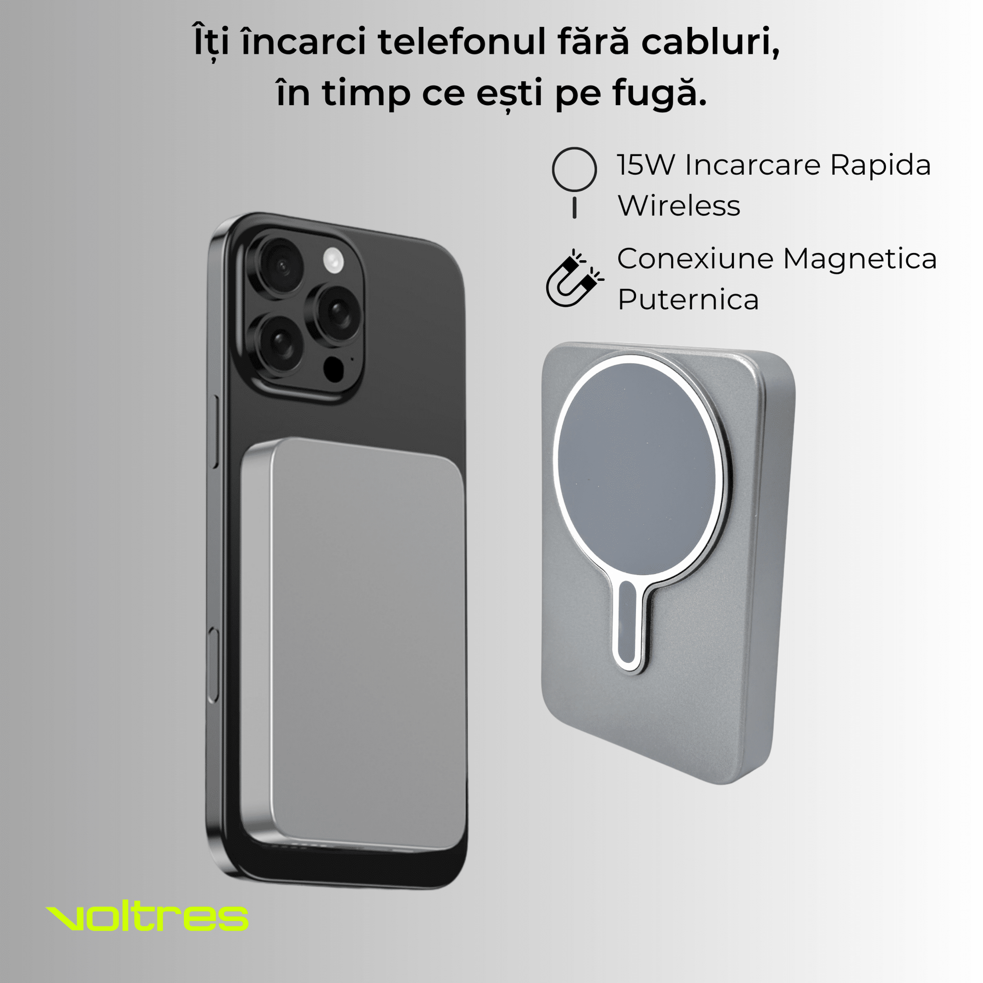 Baterie externă 5000mAh Super Slim, 15W, Aluminiu, Light Gray - Voltres