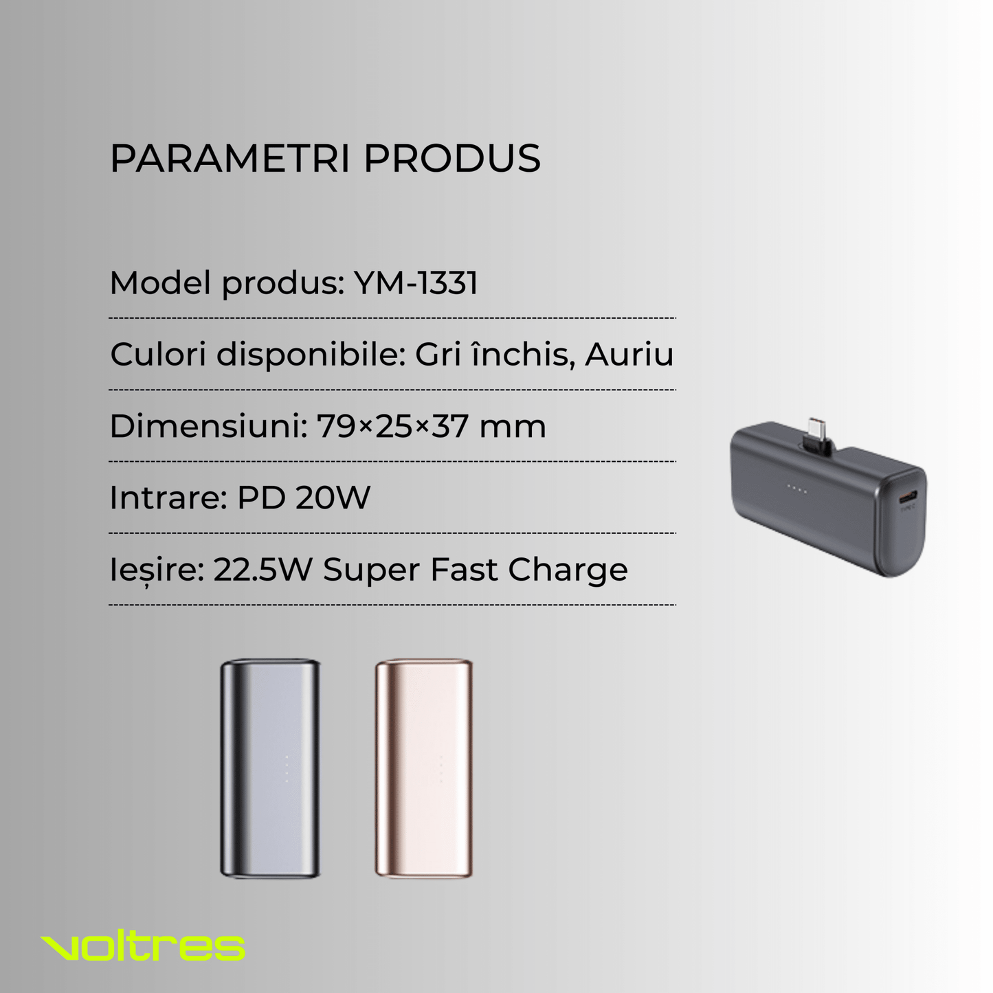 Baterie externa 5000mAh, USB - C 22.5W, Gri - Voltres