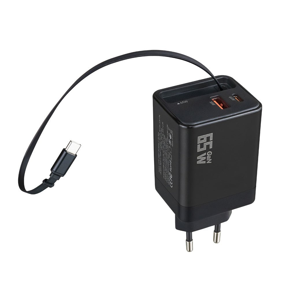 Incarcator Rapid 65W cu cablu USB - C retractabil + Porturi USB - C & USB - A - Voltres