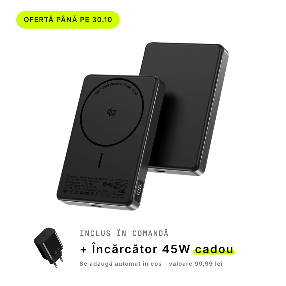 MagCore Pro — Baterie Externă cu Încărcare Wireless 10.000mAh · Qi2 25W · 45W Cablu - Voltres