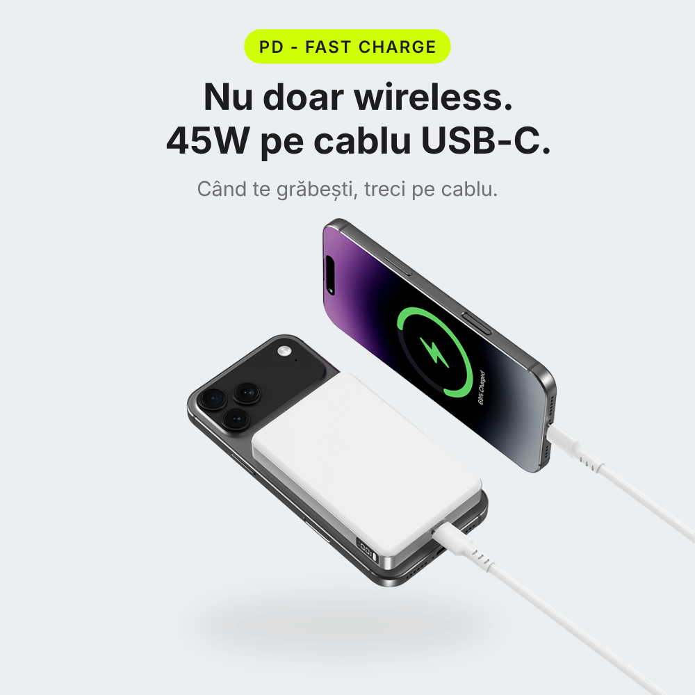 MagCore Pro — Baterie Externă cu Încărcare Wireless 10.000mAh · Qi2.2 25W · 45W Cablu - Voltres