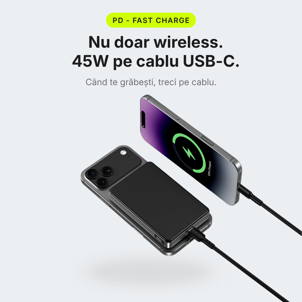 MagCore Pro — Baterie Externă cu Încărcare Wireless 10.000mAh · Qi2.2 25W · 45W Cablu - Voltres