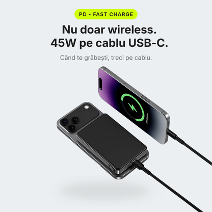 MagCore Pro — Baterie Externă cu Încărcare Wireless 10.000mAh · Qi2.2 25W · 45W Cablu - Voltres