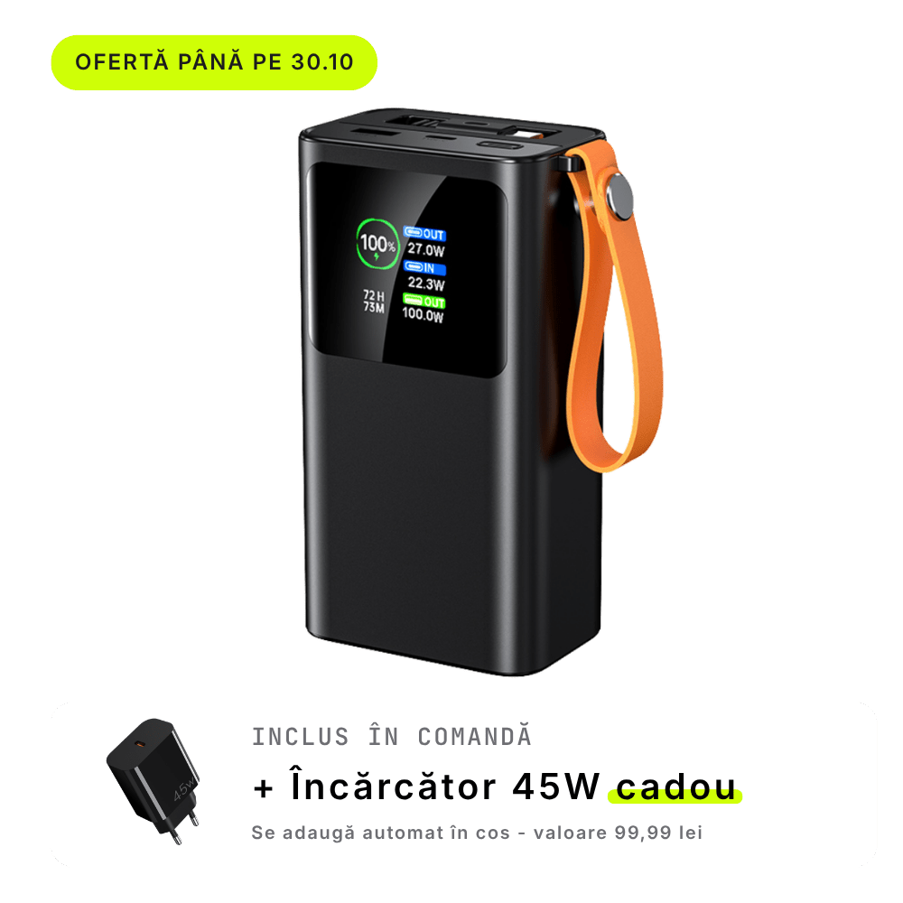 Nomad — Baterie externă 27.000mAh · 165W · Cablu retractabil 70cm USB-C · 3 porturi · Aluminiu - Voltres