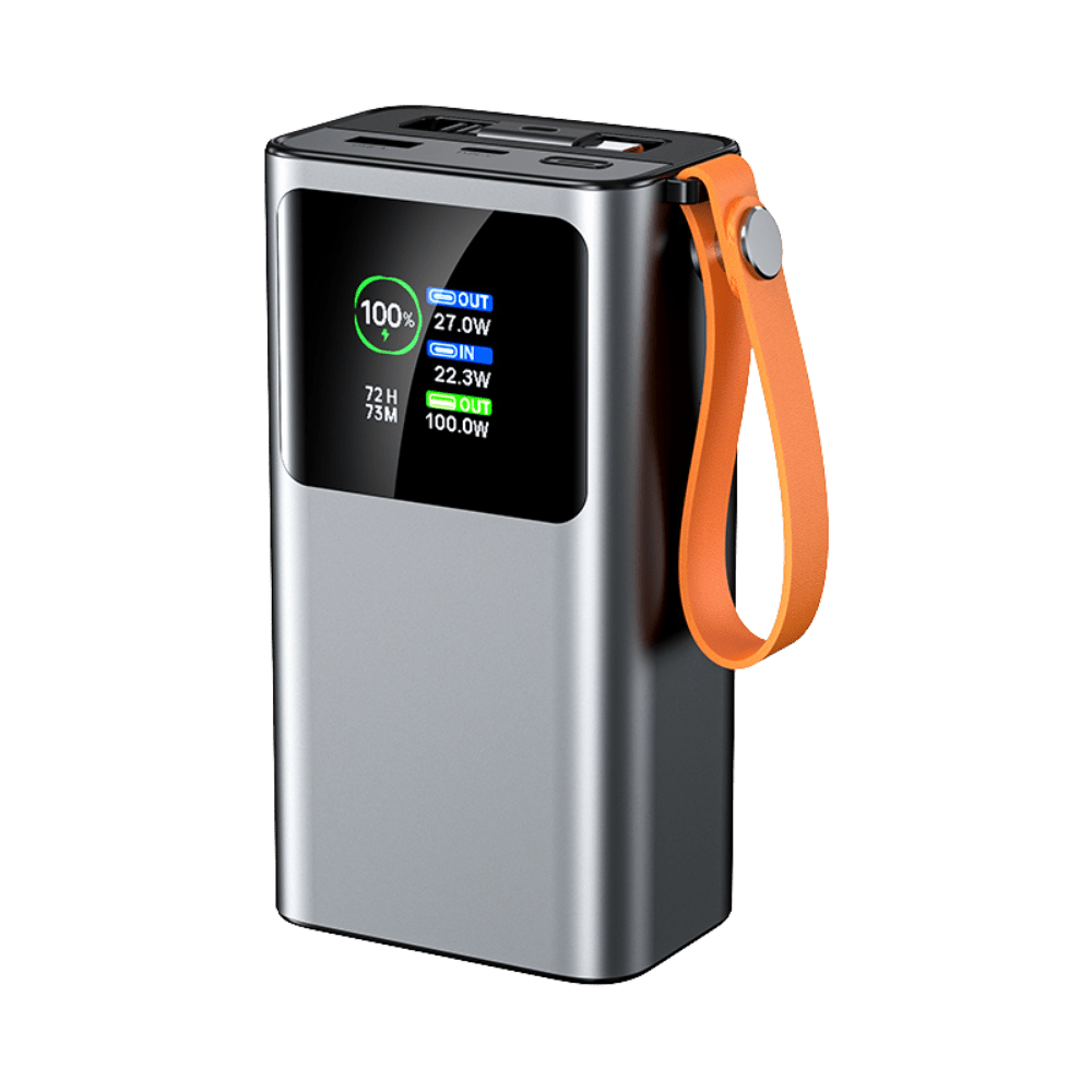 Nomad — Baterie externă 27.000mAh · 165W · Cablu retractabil 70cm USB-C · 3 porturi · Aluminiu - Voltres