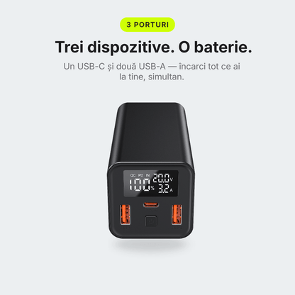 Pulse 65 — Baterie externă 20.000mAh · USB-C 65W · 3 porturi · Aluminiu - Voltres