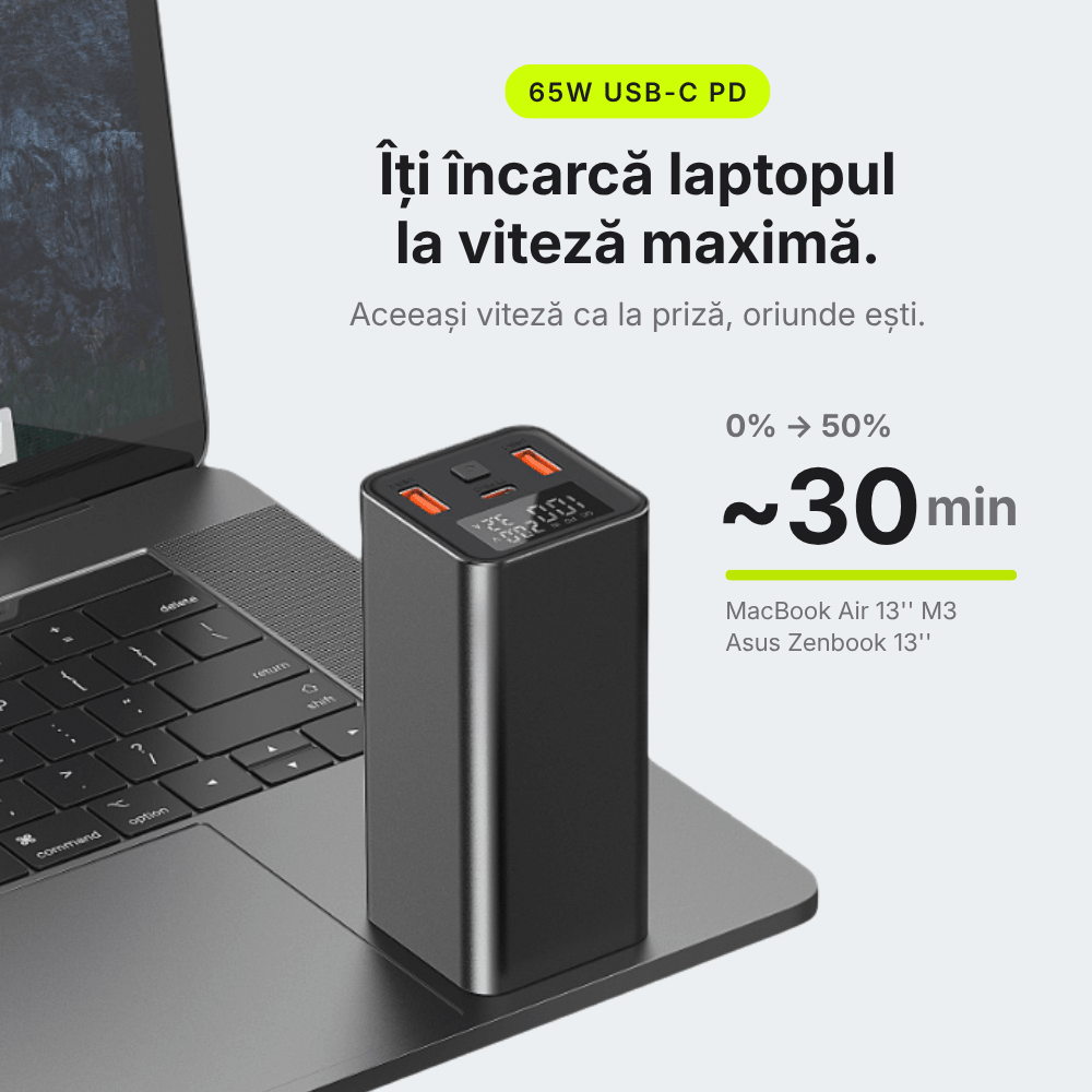 Pulse 65 — Baterie externă 20.000mAh · USB-C 65W · 3 porturi · Aluminiu - Voltres