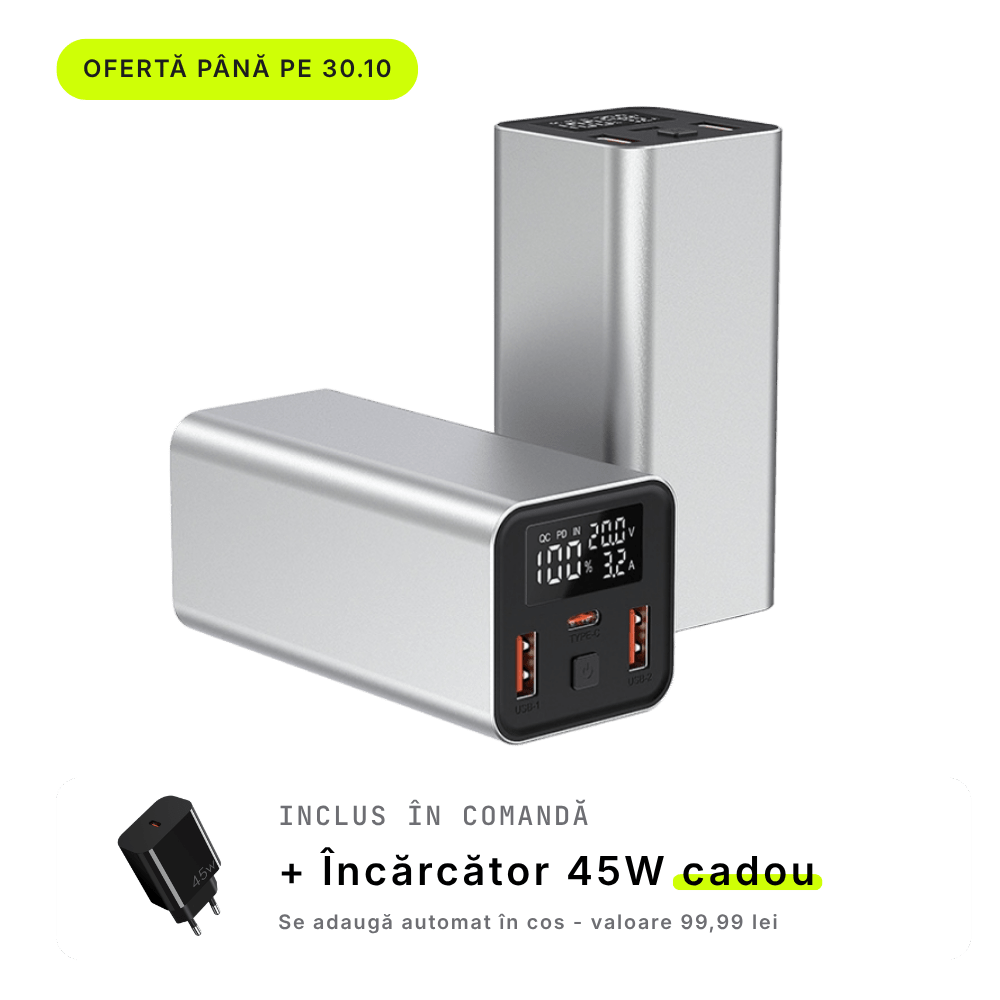 Pulse 65 — Baterie externă 20.000mAh · USB-C 65W · 3 porturi · Aluminiu - Voltres