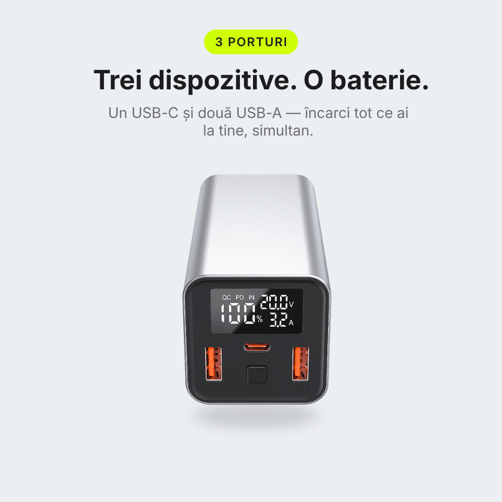 Pulse 65 — Baterie externă 20.000mAh · USB-C 65W · 3 porturi · Aluminiu - Voltres
