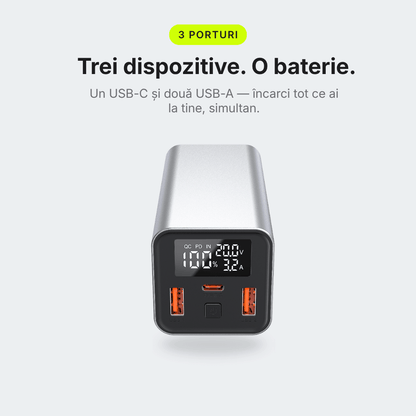 Pulse 65 — Baterie externă 20.000mAh · USB-C 65W · 3 porturi · Aluminiu - Voltres