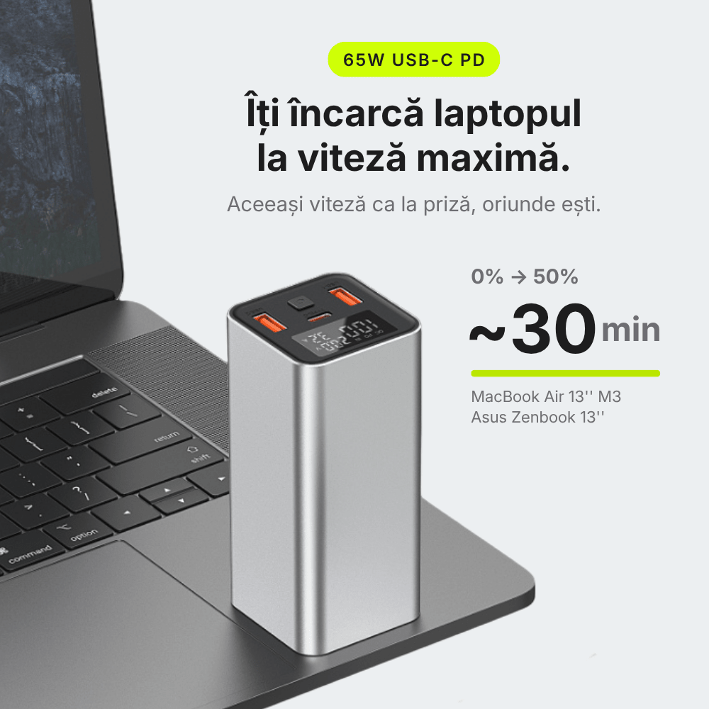 Pulse 65 — Baterie externă 20.000mAh · USB-C 65W · 3 porturi · Aluminiu - Voltres